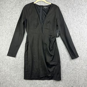 LULUS Dress Womens S Black Sheer Deep V Long Sleeve LBD Ruched Stretch Zip NEW